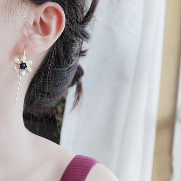 S925 Flower Long Fish Hook Earrings